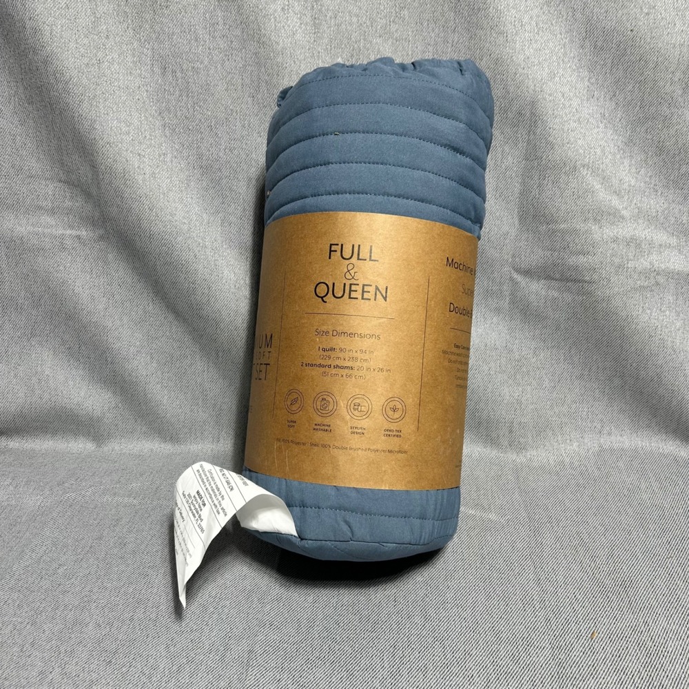 Premium Soft Quilt Set Full Queen‎ Blue Double Brushed 3 Piece Bedding